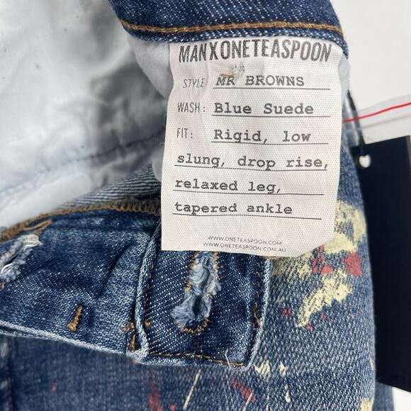 Man X One Teaspoon 32R Blue Suede Mr Browns Paint Splattered Distressed Jeans - Picture 5 of 12